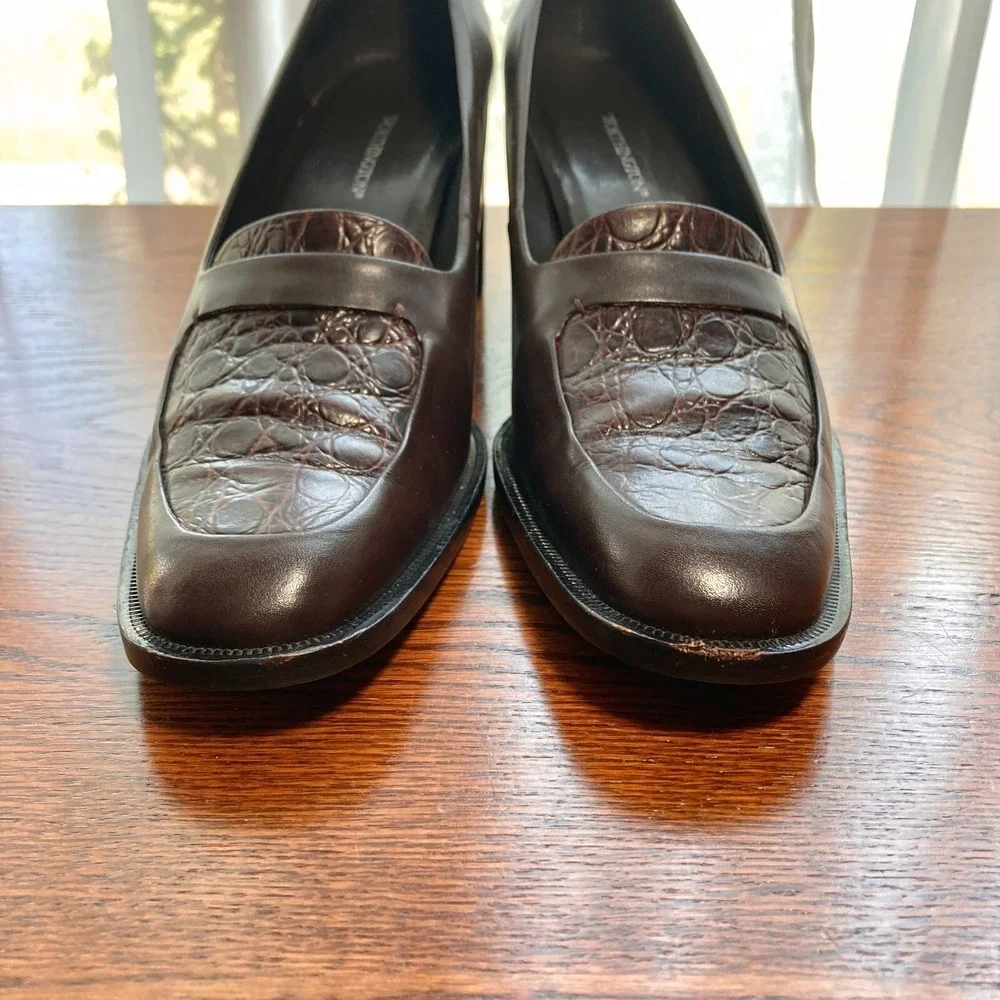 VTG Worthington Embossed Dark Brown Leather Chunky Block Heel Womens 7.5 Y2k